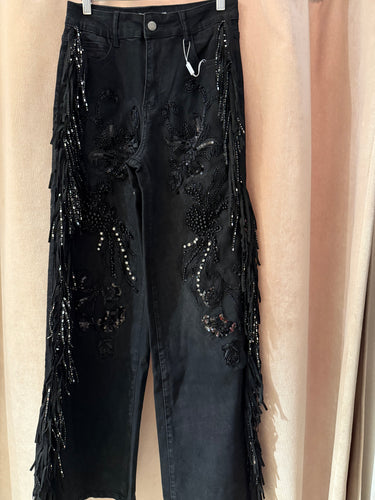Mm beaded black jeans with fringe