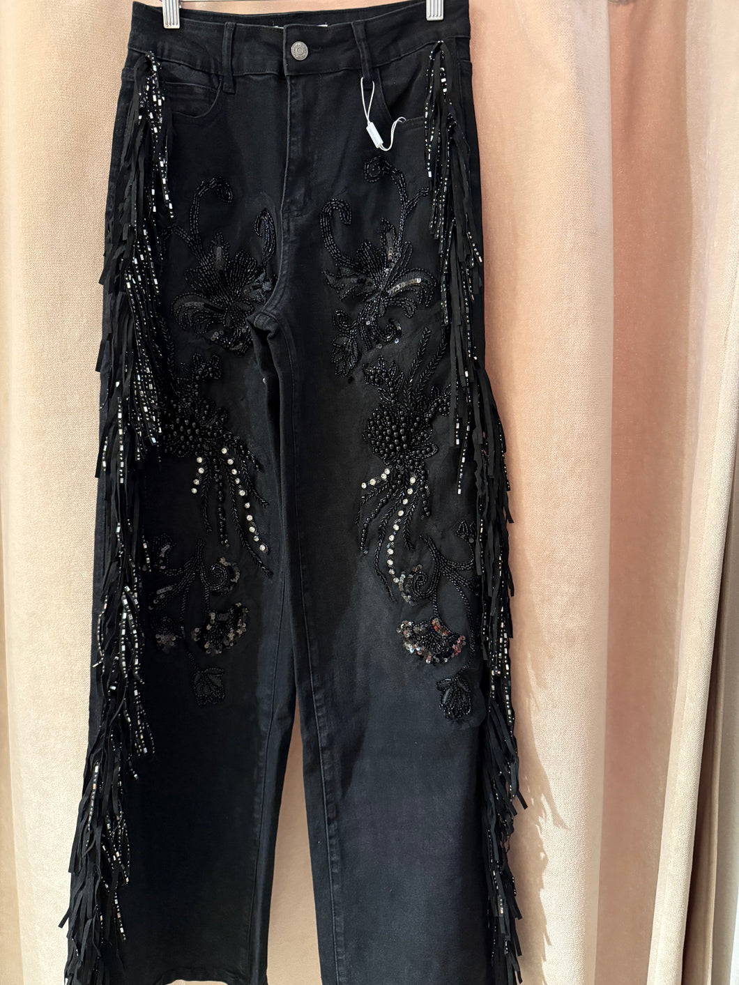 Mm beaded black jeans with fringe