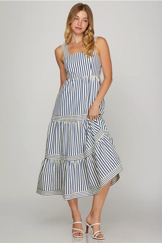 Ss sleeveless striped midi dress with pockets navy