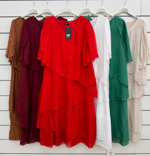 N tiered ruffles silk dress
