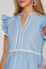 Load image into Gallery viewer, Ss tiered woven dress contrast pipping blue