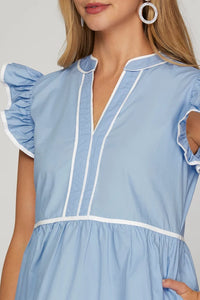 Ss tiered woven dress contrast pipping blue