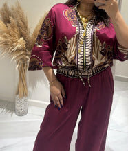 Load image into Gallery viewer, N print satin jacket with solid sateen palazzo