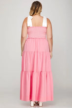 Load image into Gallery viewer, Ss shoulder satin tie contrasts smocking tiered maxi dress pink regular size