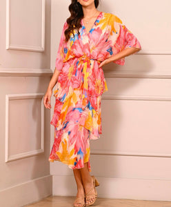 V Layers print silk dress