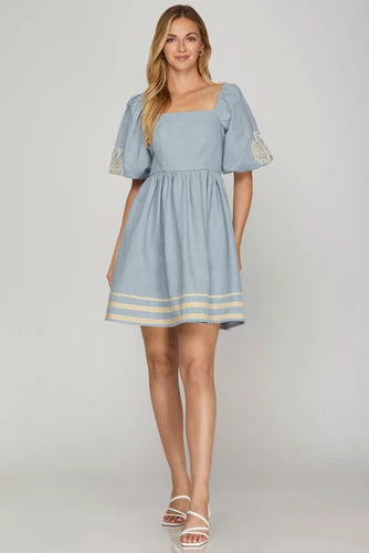 Ss embroidery puff sleeve denim mini dress