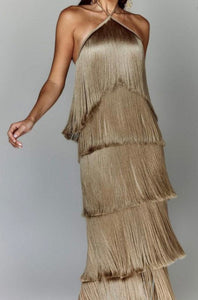 O satin fringe layer halter dress