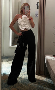 B flower top with pearl necklace/black wide pants
