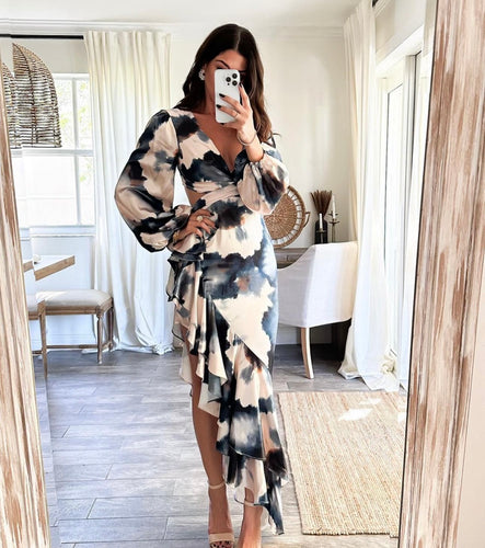 L Asymetric ruffles maxi dress navy multi