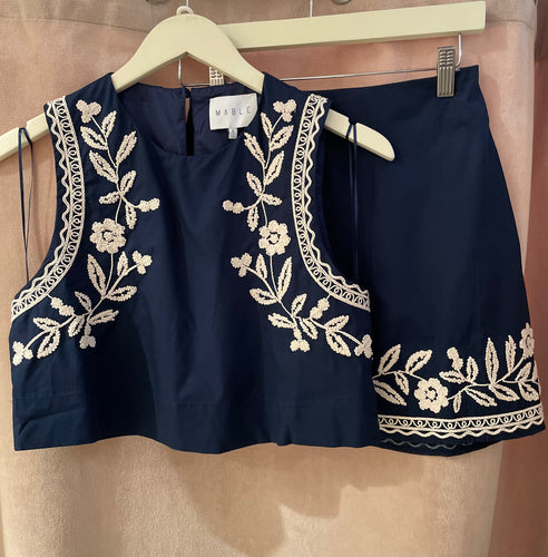 M Embroidery crop top with mini skirt