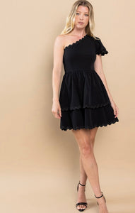 T Tiered one shoulder black dress