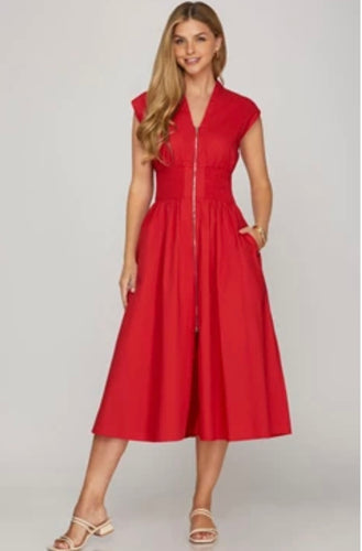 Ss drop shoulder smocked waist midi dress/front zipper