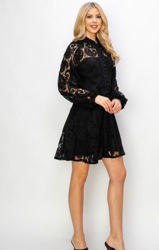 Vv Black lace button dress long sleeve