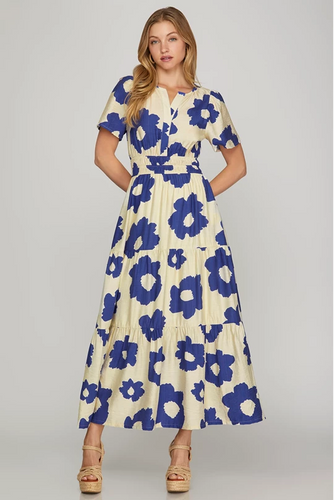 Ss short sleeve woven floral print maxi  dress royal