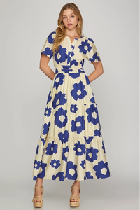 Ss short sleeve woven floral print maxi  dress royal
