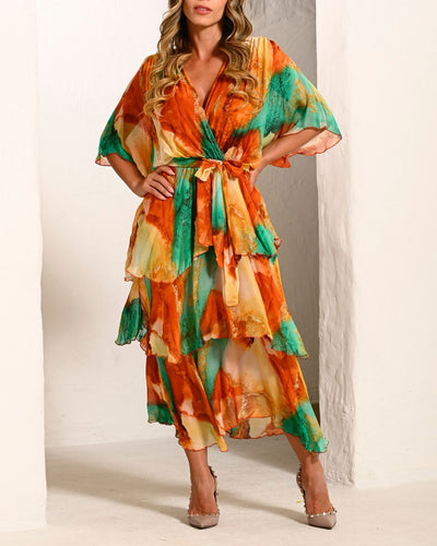 V Layers print silk dress