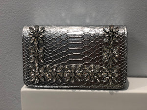 Python Pattern Metallic Flowers Clutch