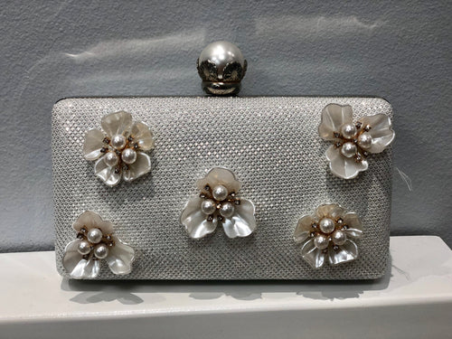 Silver with Pearl Flowers Clutch