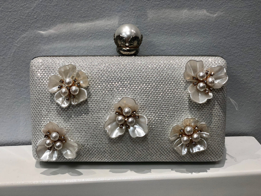 Silver with Pearl Flowers Clutch