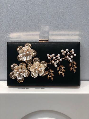 Black Clutch with Nacre and Pearl Flowers