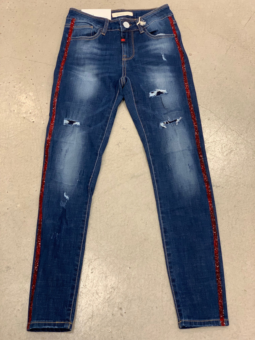 Red Beaded Line Ripped Jean