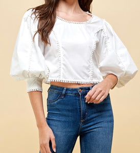 White 3/4 puff sleeve casual top