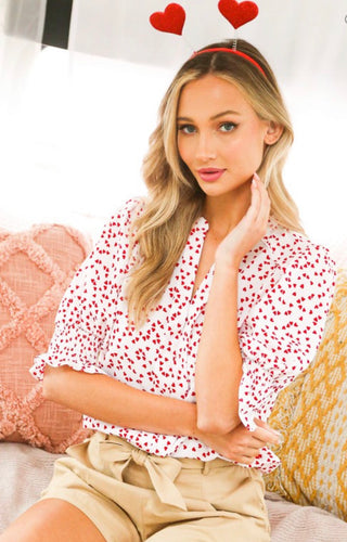 V Mini heart print 3/4 sleeve top