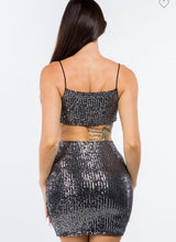 Load image into Gallery viewer, B black/silver sequence mini dress with cut out details