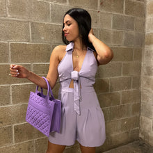 Load image into Gallery viewer, D Front tie lavander woven romper
