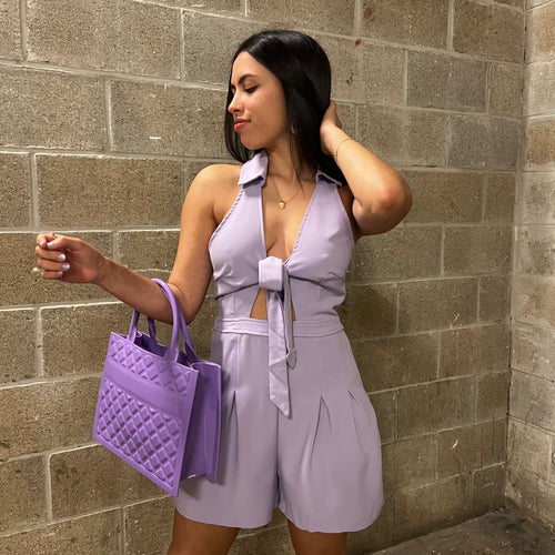 D Front tie lavander woven romper