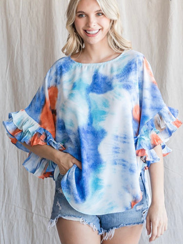 J pleated ruffles sleeve top blue