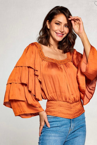 Orange burned ruffles sleeve top