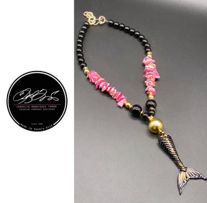 TRT blk and coral necklace with fish tail