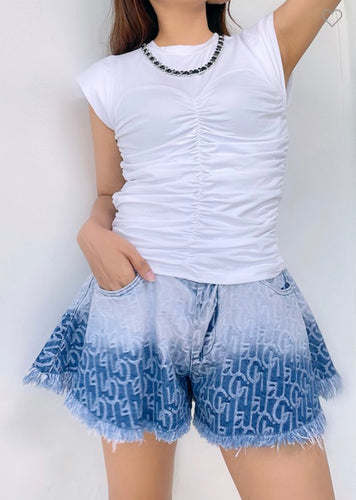 White shoulder pad ruched top