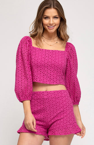 Eyelet magenta short set