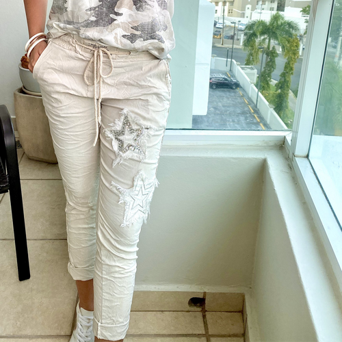 ItalianMetallic gradient side stripe star crinkle jogger