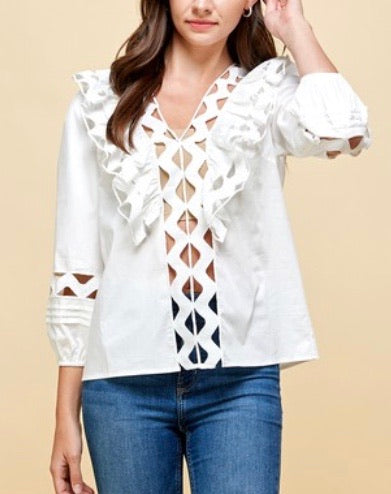 Woven fashion blouse , ruffles neckline