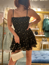 Load image into Gallery viewer, S smoking gold  stars in black fabric romper