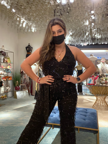 V neck  black halter sequence jumpsuit