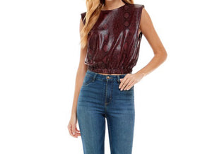 T snake print pu leather crop top