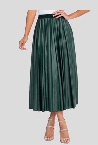 F pu deep green pleats skirt